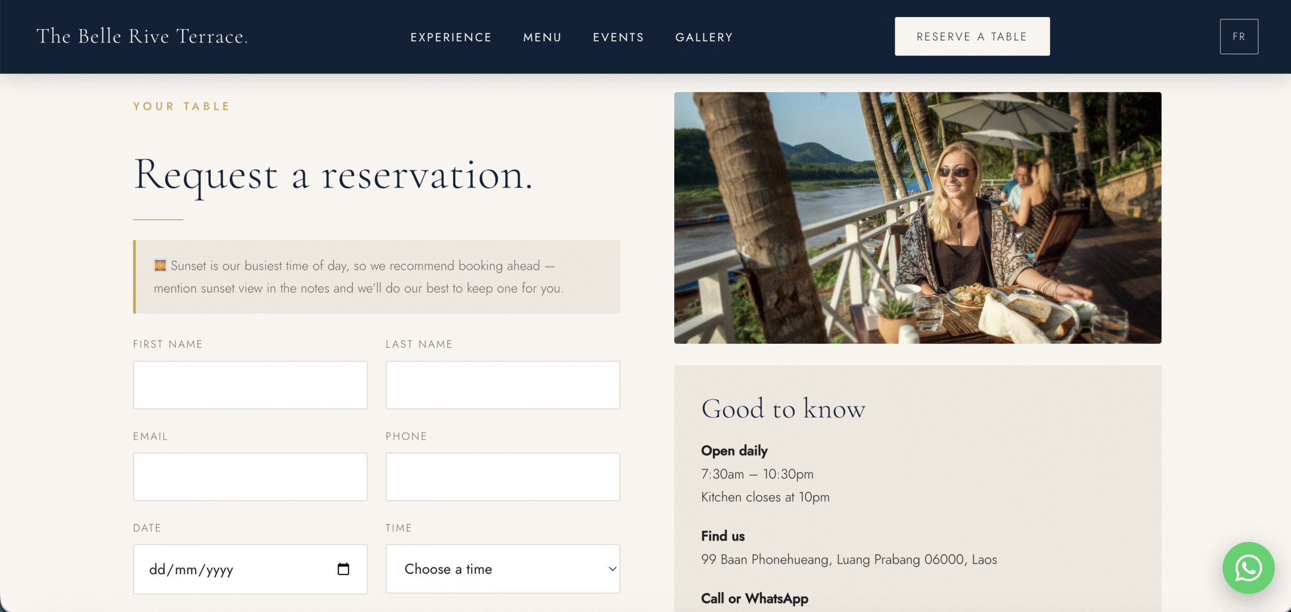 The Belle Rive Terrace restaurant website designed in Luang Prabang Laos